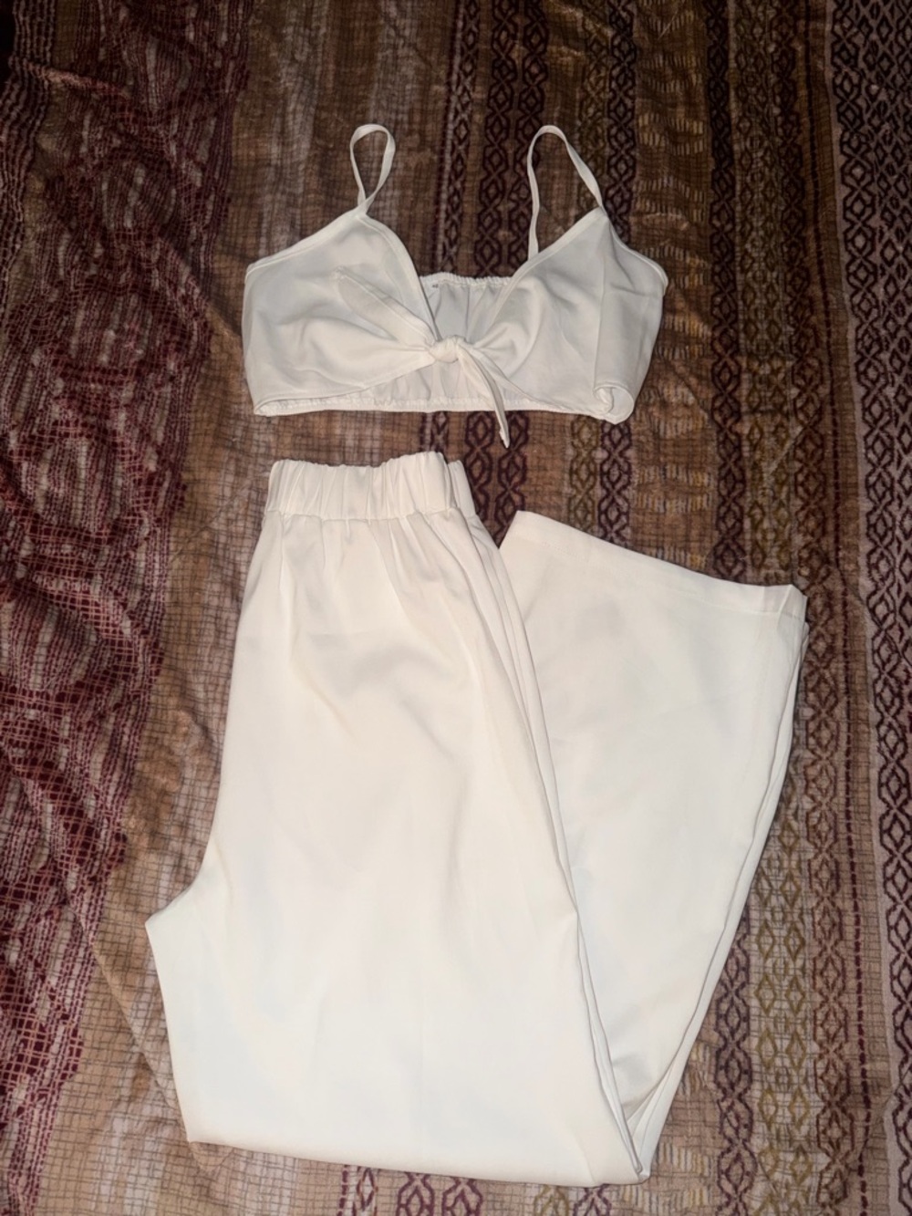 Women's Cream Two-Piece Crop Top & Wide Leg Pants Set